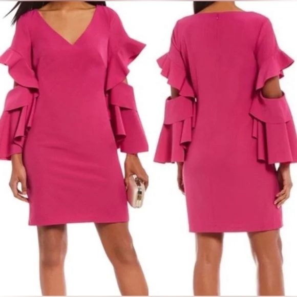 Badgley Mischka Dresses & Skirts - Badgley Mischka Belle Pink Ruffle Bell Sleeves V-Neck Cocktail Dress Size 2